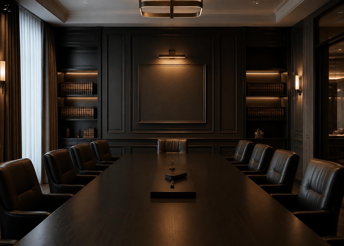 Panelled boardroom of a traditional law firm with a long dark table