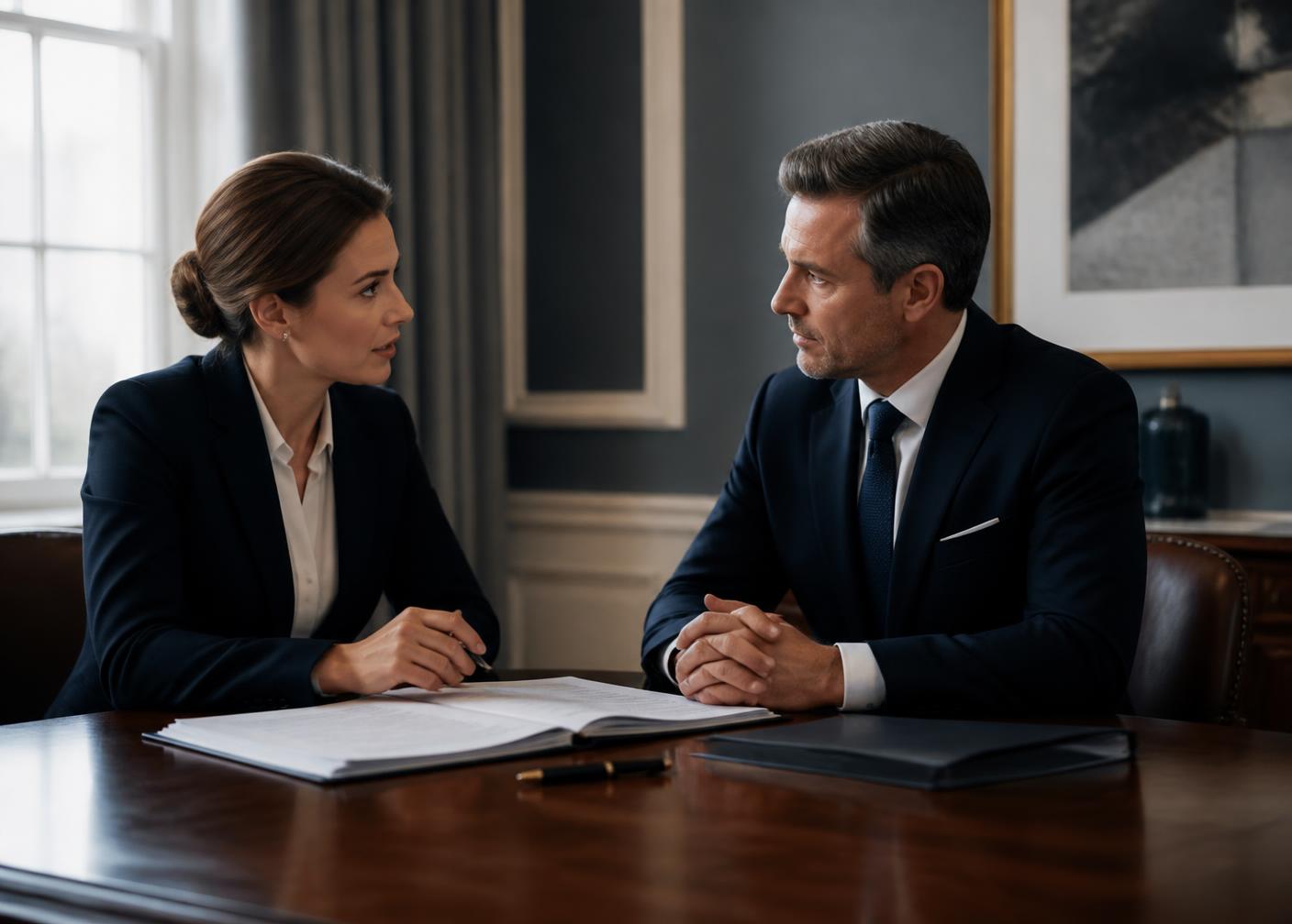 Two solicitors reviewing documents together across a meeting room table